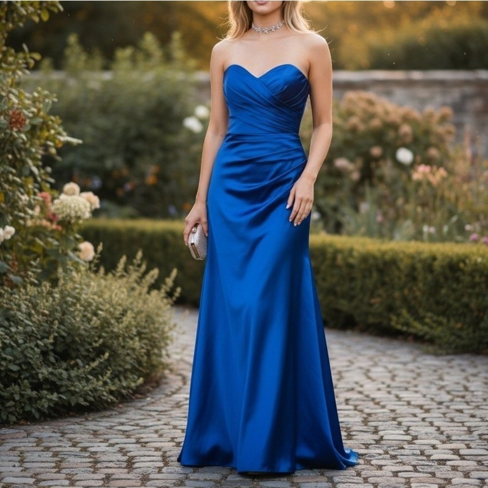 Y2K Juliet Dress Large Blue Strapless Ruched Pleated Satin Formal Gown USA‎ 3221